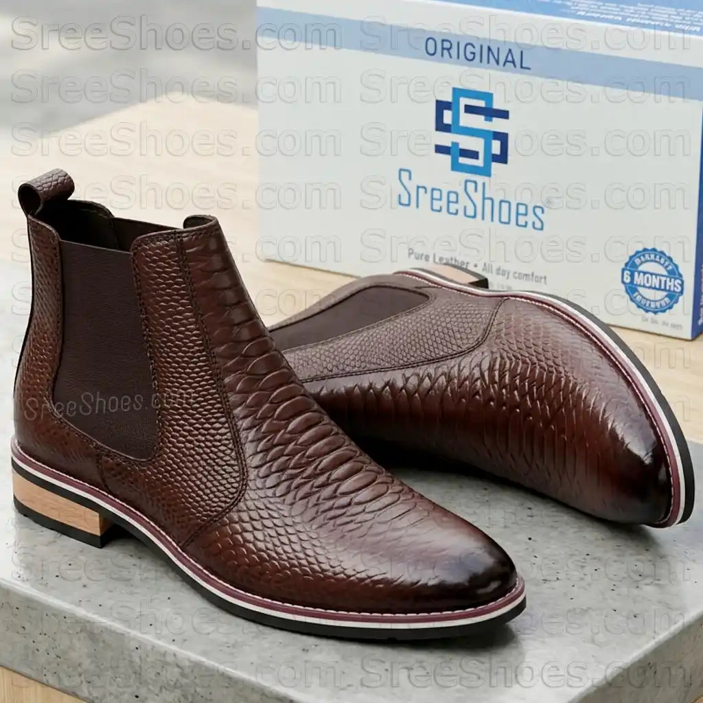 Men's Snake Print Embossed Full-Grain Leather Chelsea Boots Croco