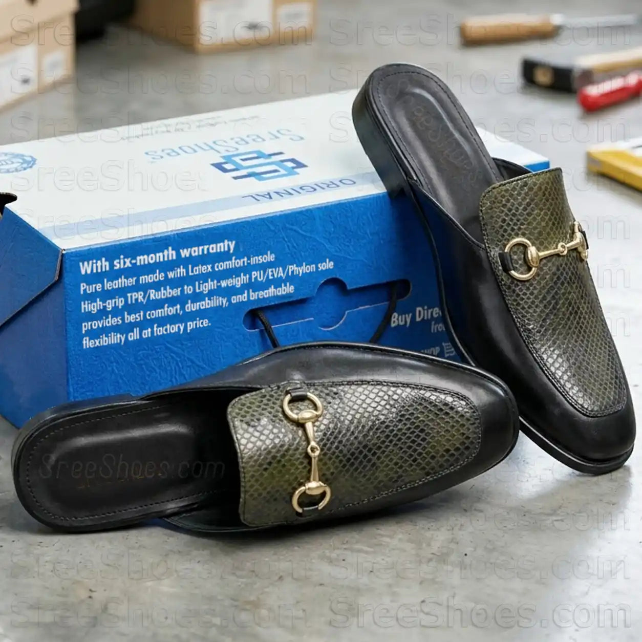 Pure Leather Full Grain Mules for Men Comfort Half Slip On Bit Loafers