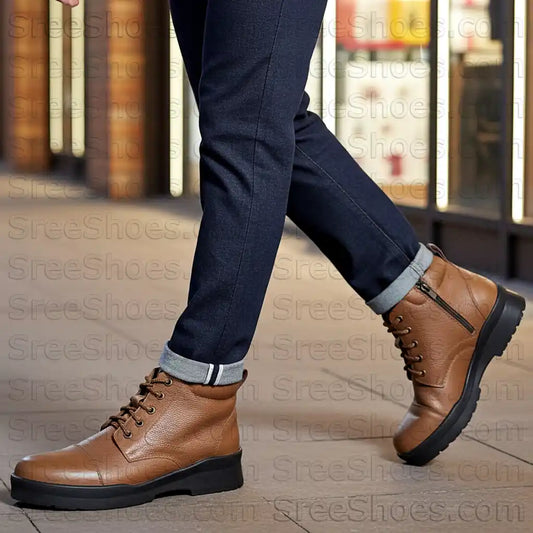 Pure Leather Comfort Ankle Boots LightWeight Derby Uniform Chain Boot Ankle Shoes with Zip