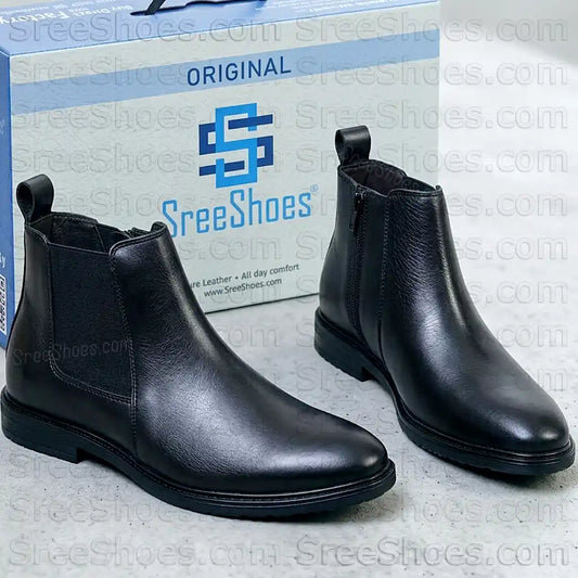 Men Pure Full-Grain Leather Chelsea Boots with Zip & Elastic