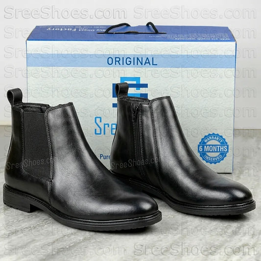 Men Pure Full-Grain Leather Chelsea Boots with Zip & Elastic