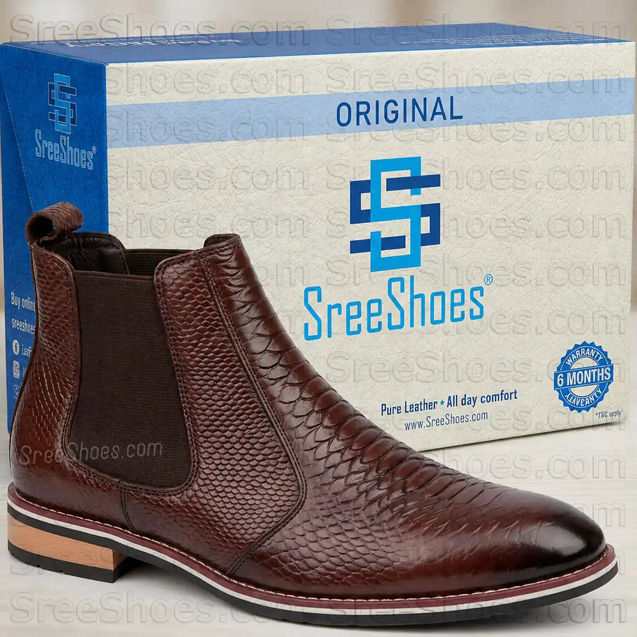 Men's Snake Print Embossed Full-Grain Leather Chelsea Boots Croco