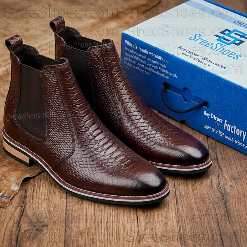 Men's Snake Print Embossed Full-Grain Leather Chelsea Boots Croco