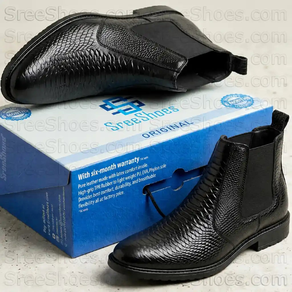 Men's Snake Print Embossed Full-Grain Leather Chelsea Boots Croco