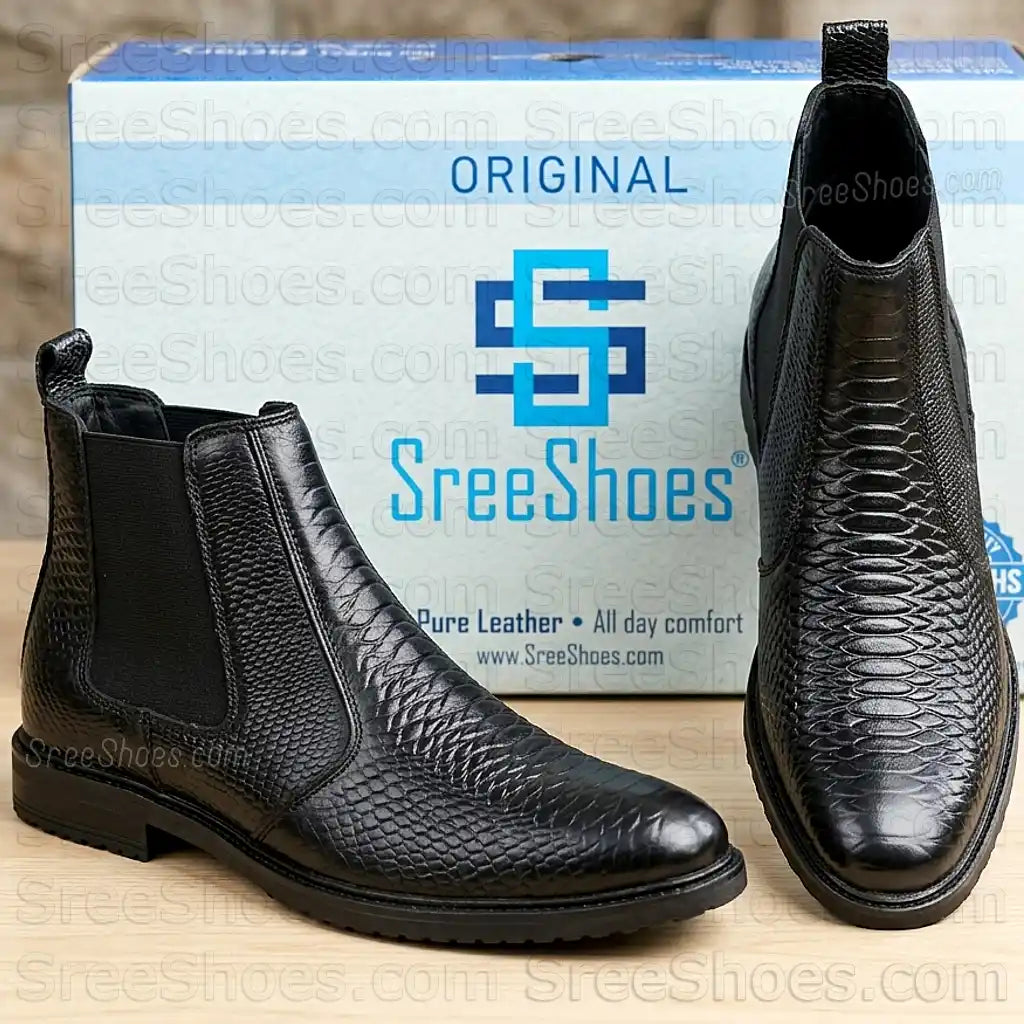 Men's Snake Print Embossed Full-Grain Leather Chelsea Boots Croco