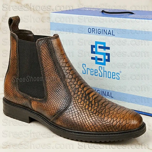 Men's Snake Print Embossed Full-Grain Leather Chelsea Boots Croco