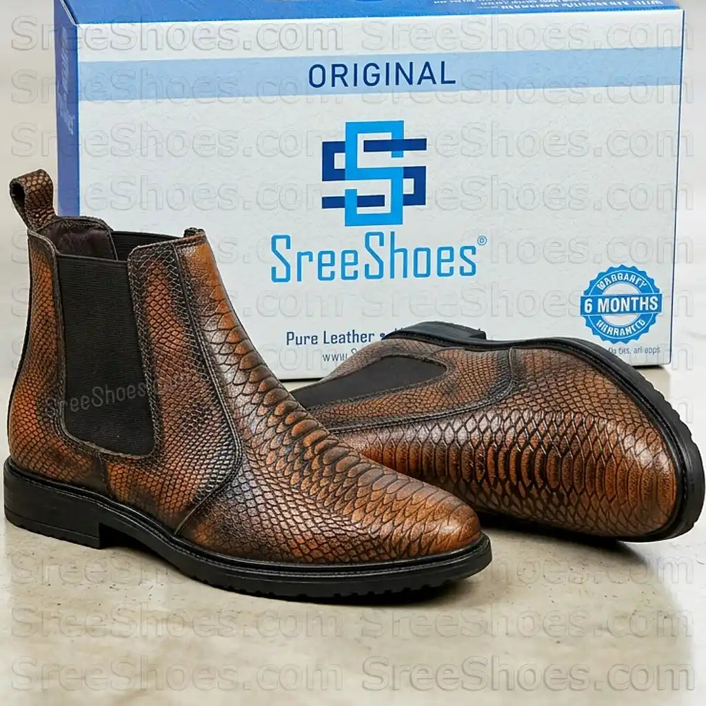 Men's Snake Print Embossed Full-Grain Leather Chelsea Boots Croco