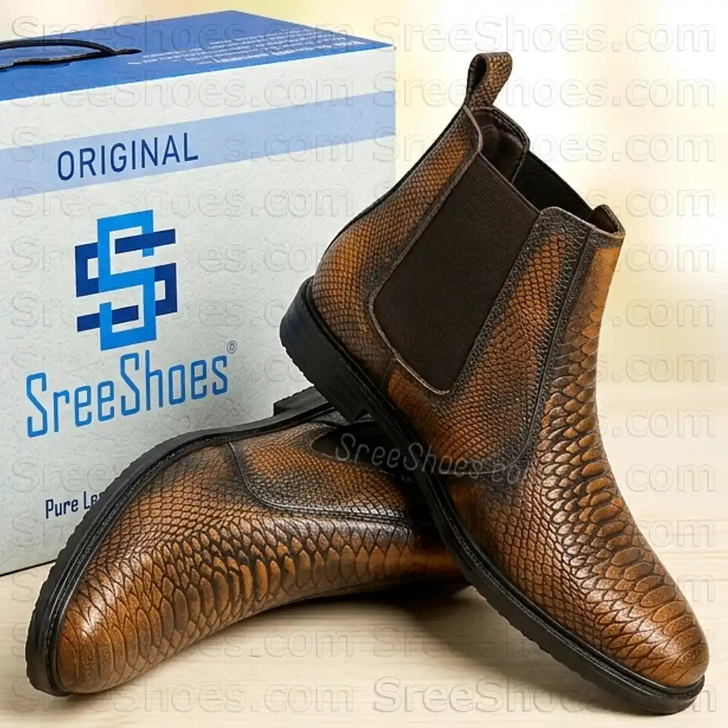 Men's Snake Print Embossed Full-Grain Leather Chelsea Boots Croco