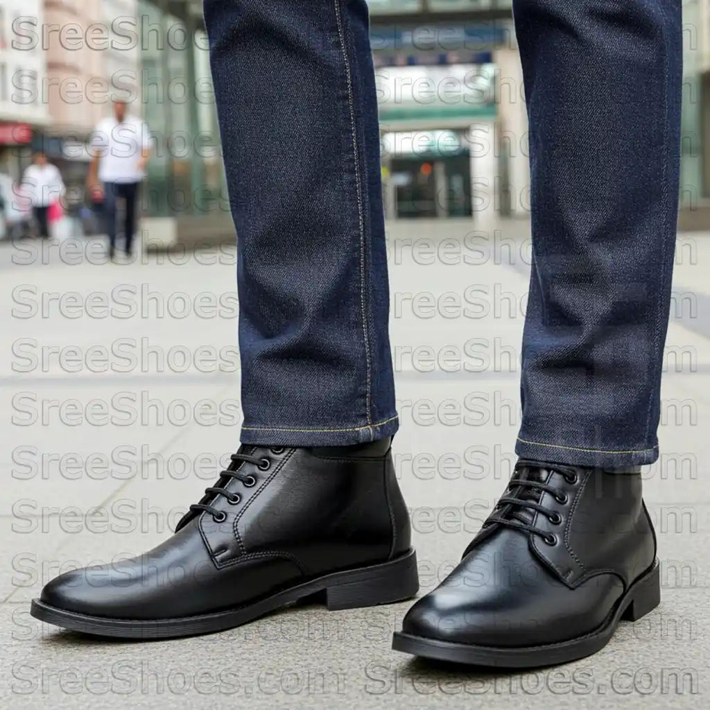 Men Pure Leather Ankle Shoes, Black Boots