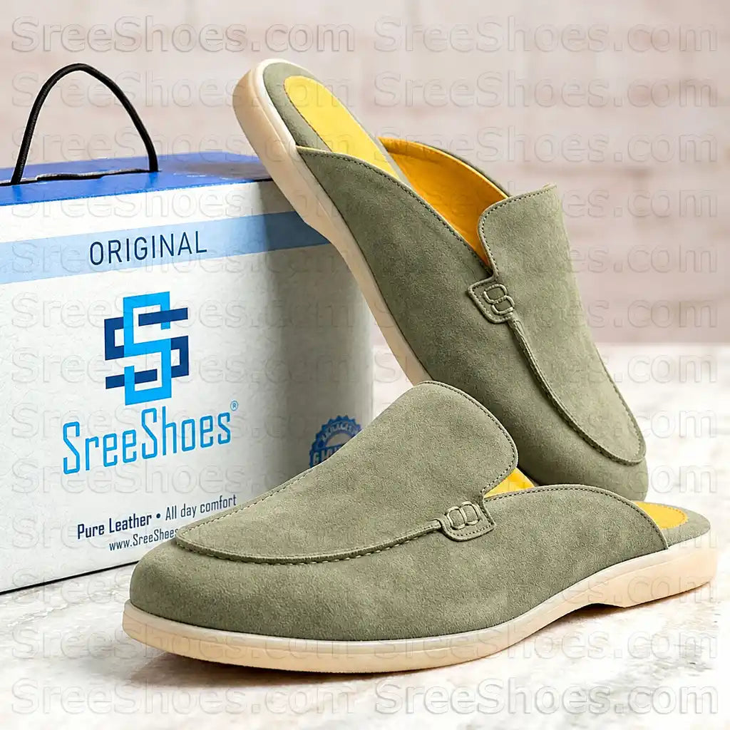 Men's Premium Suede Leather Mules Lightweight Casual Half Loafers Slip On