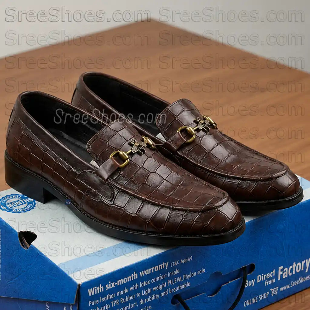Croc Texture Premium Penny Loafers for Men Full-Grain Pure Leather Bit Slip On