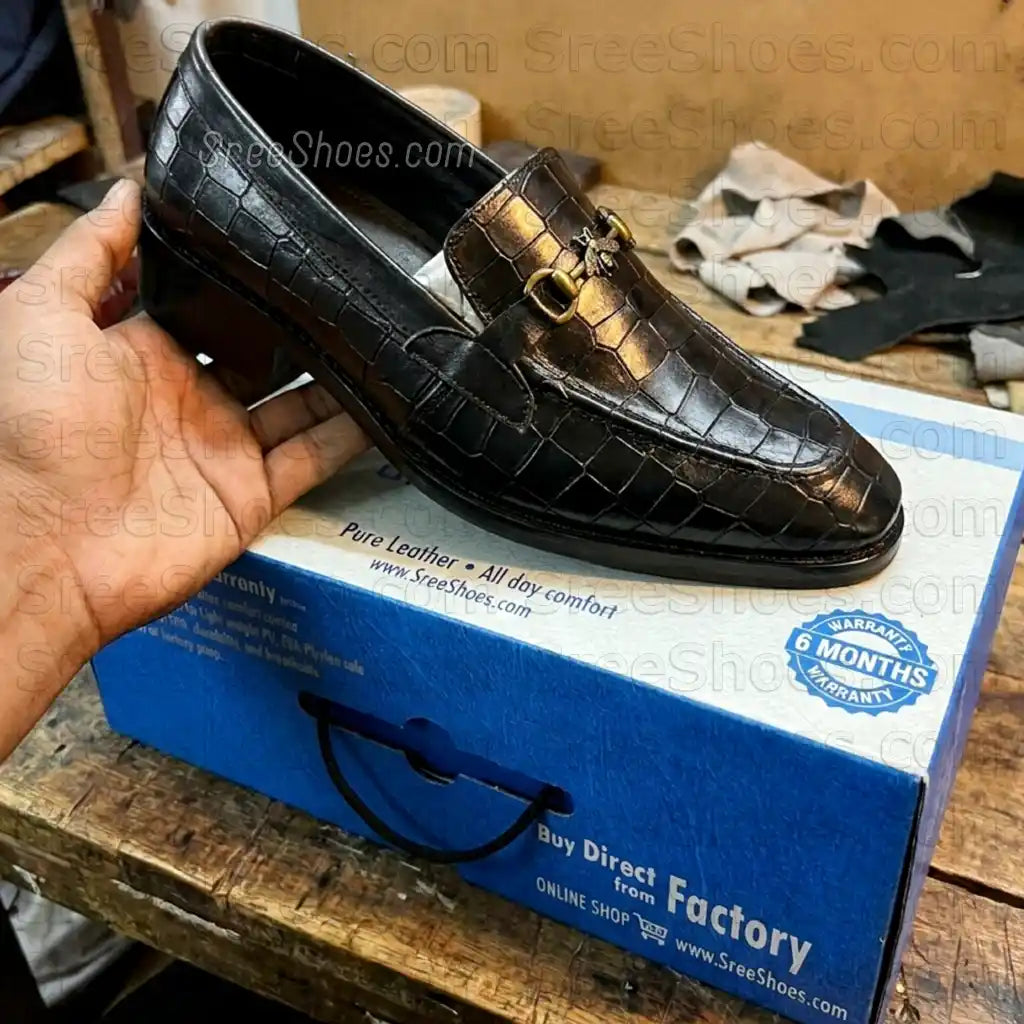 Croc Texture Premium Penny Loafers for Men Full-Grain Pure Leather Bit Slip On
