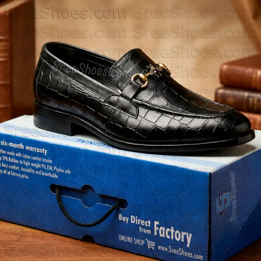 Croc Texture Premium Penny Loafers for Men Full-Grain Pure Leather Bit Slip On