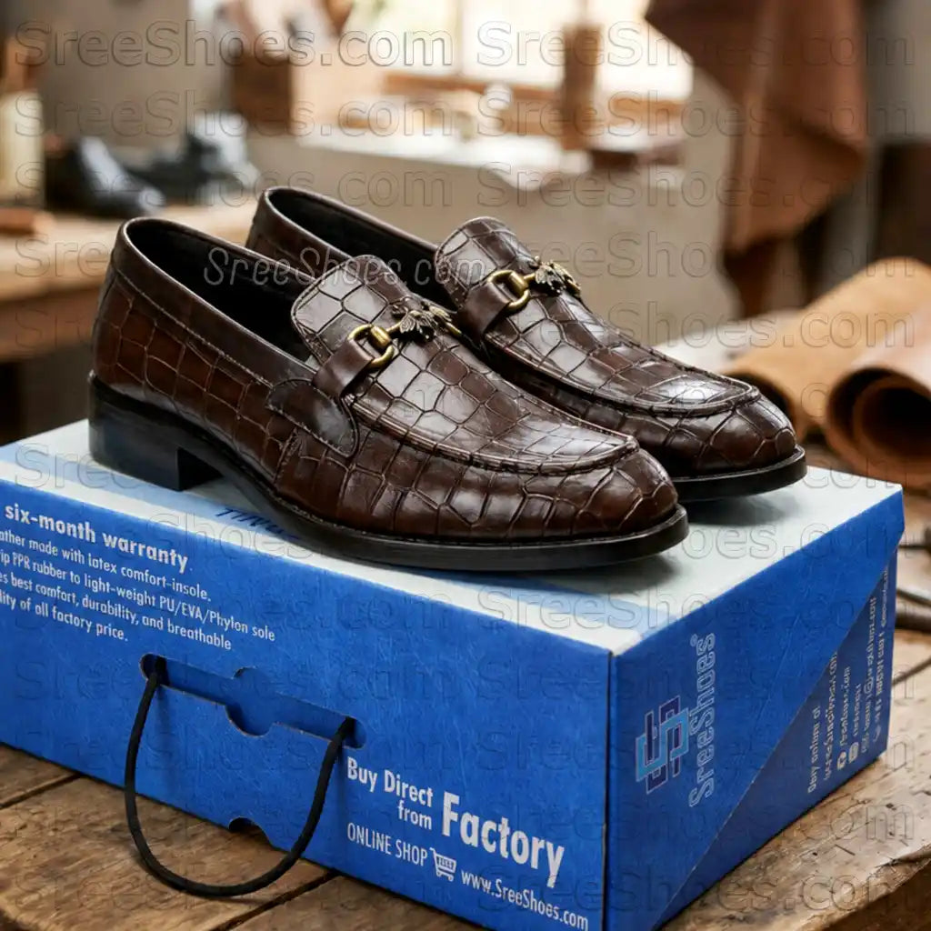 Croc Texture Premium Penny Loafers for Men Full-Grain Pure Leather Bit Slip On