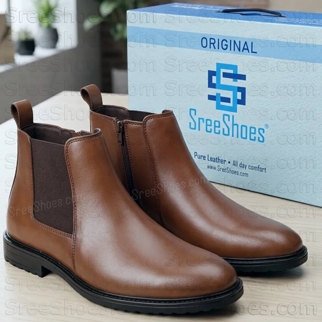Men Premium Full-Grain Leather Chelsea Boot For Man with Elastic & Zip