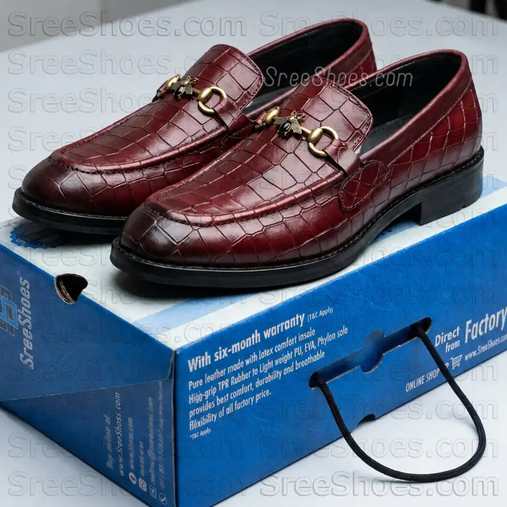Croc Texture Premium Penny Loafers for Men Full-Grain Pure Leather Bit Slip On